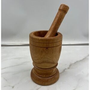 Vintage Handcrafted Wooden Mortar and Pestle Set Natural Grain Herb Grinder 6in